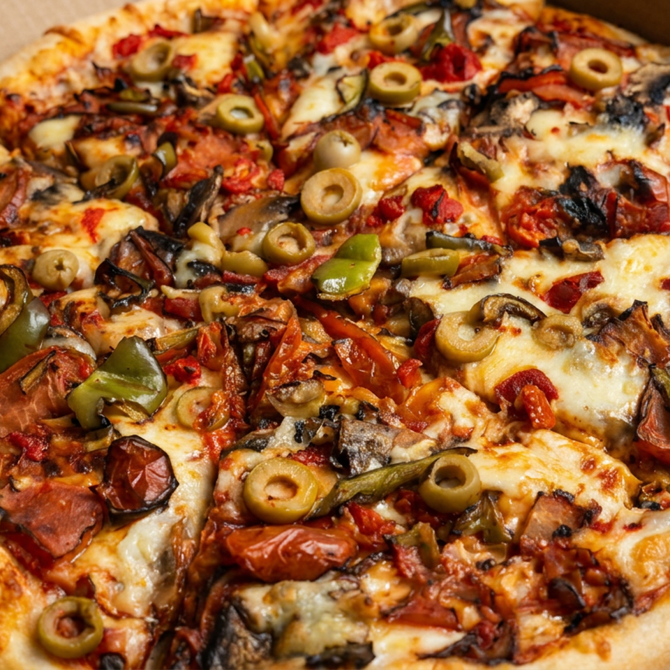Large freshly baked pizza topped with melted cheese, mushrooms, olives, peppers, tomatoes, and sliced meats in a cardboard box.