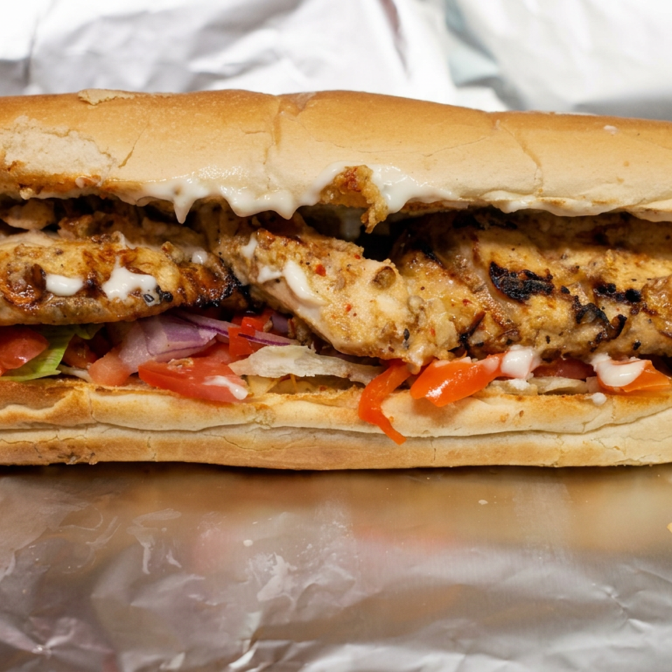 Grilled chicken sandwich on a long roll with lettuce, tomatoes, onions, peppers, and creamy sauce.