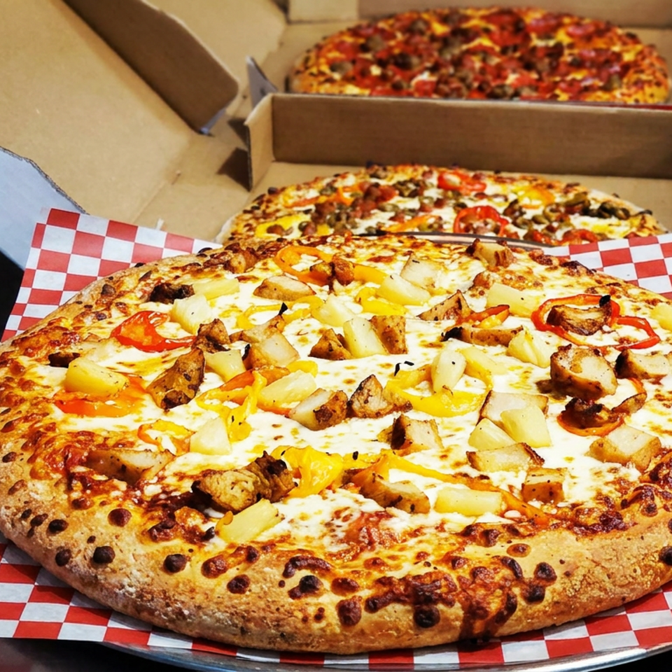 A cheese pizza topped with pineapple, peppers, mushrooms, and chicken sits on checkered paper, with two pizzas in boxes behind it.