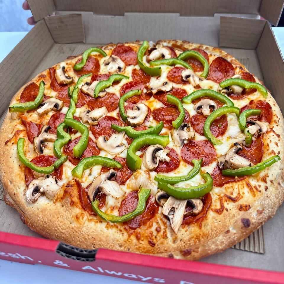 Pizza topped with pepperoni, mushrooms and green peppers.