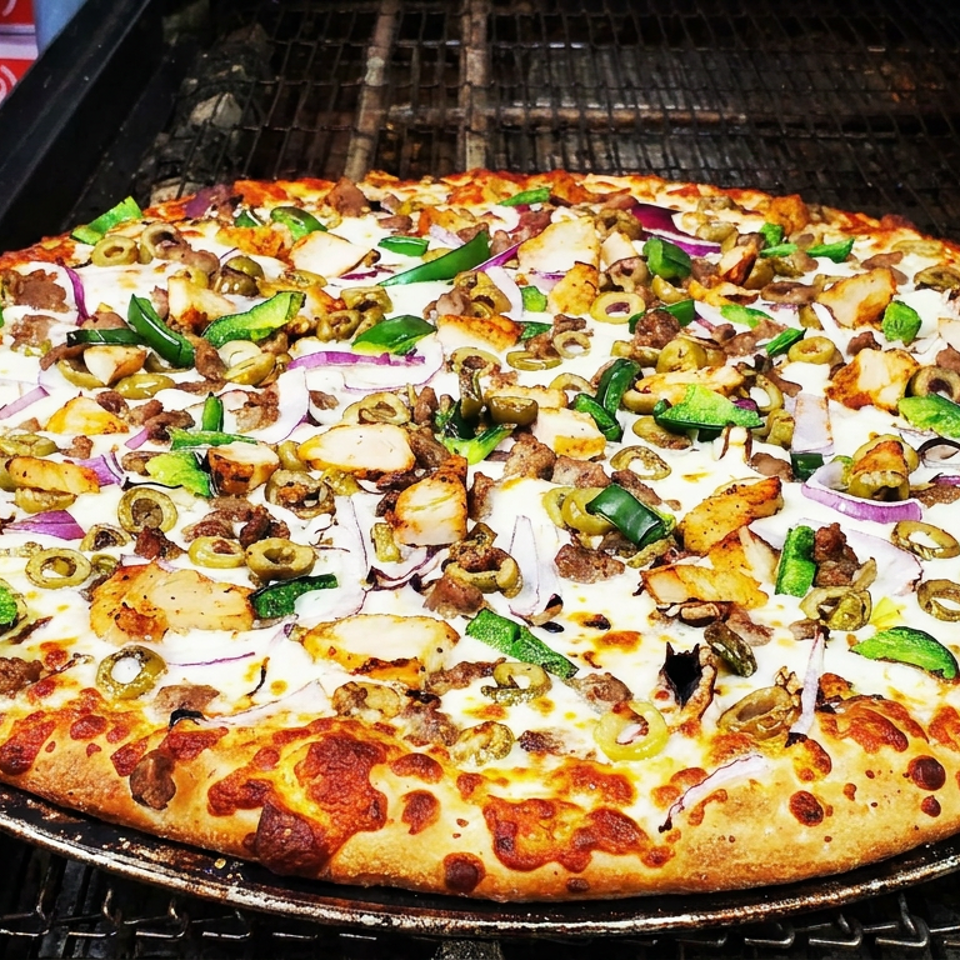 Large freshly baked pizza topped with melted cheese, mushrooms, olives, green peppers, onions, chicken, and ground meat in a commercial oven.