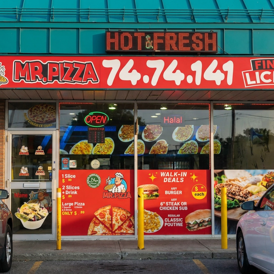 Mr. Pizza storefront with red signage, walk-in deals, food photos, open sign, and parked cars outside.