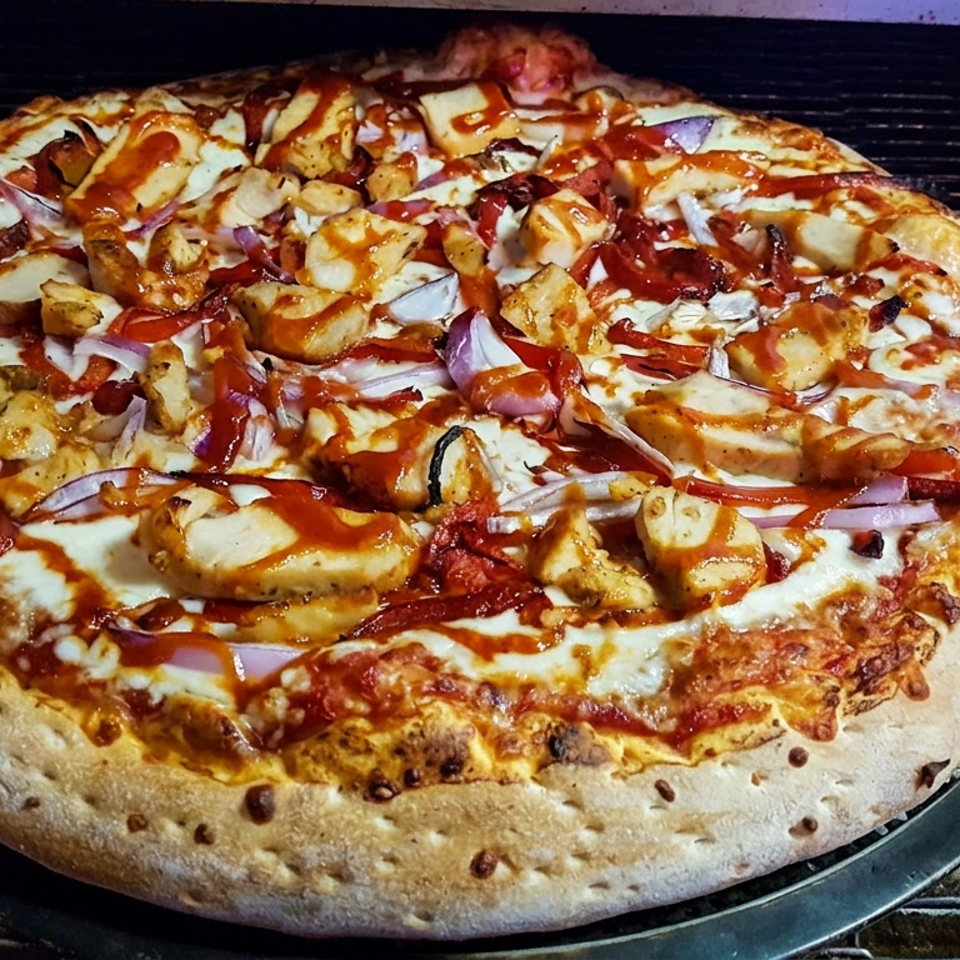Loaded pizza with melted cheese, grilled chicken, red onion, peppers, and sauce baking on an oven rack.