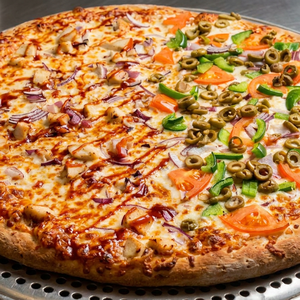 Large cheese pizza topped with chicken, red onion, green peppers, tomatoes, and sliced olives on a perforated metal tray.